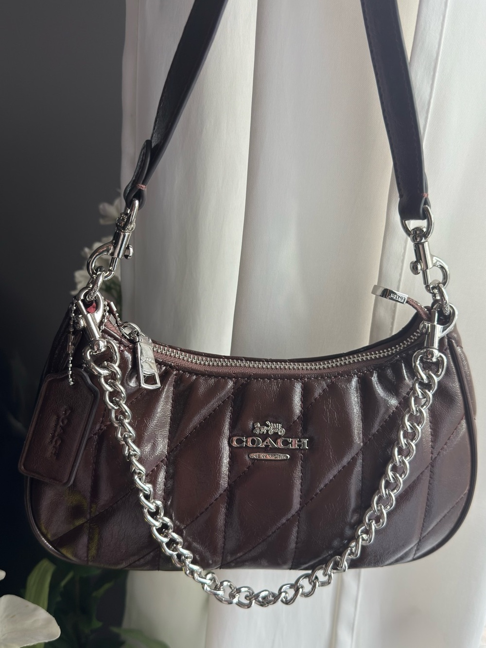 Coach Quilted Teri Shoulder Bag in Dark Brown with Silver Hardware